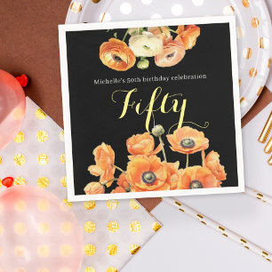 Elegant Black Orange Floral 50th Birthday Party Napkin