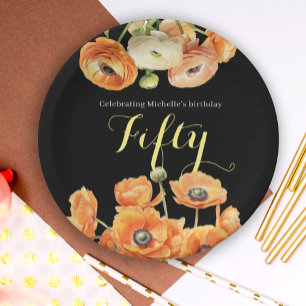 Elegant Black Orange Floral 50th Birthday Party Paper Plate