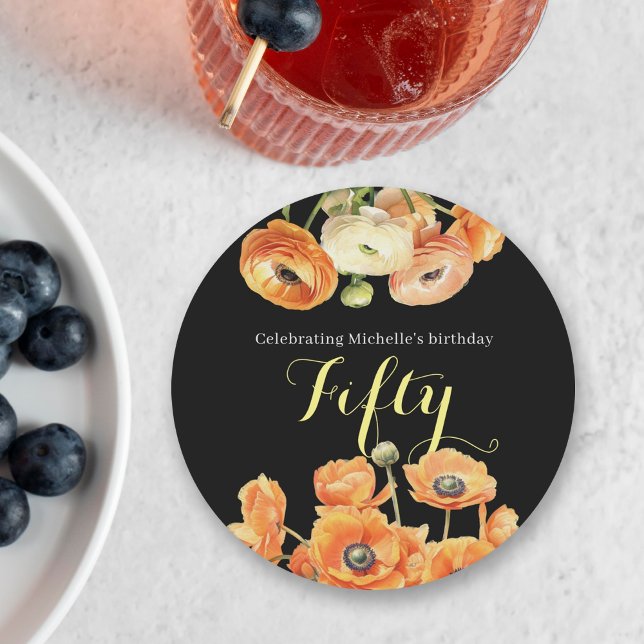Elegant Black Orange Floral 50th Birthday Party Round Paper Coaster (Creator Uploaded)