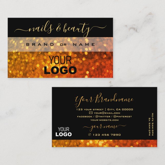 Elegant Black Orange Gold Sparkle Glitter Add Logo Business Card (Front/Back)