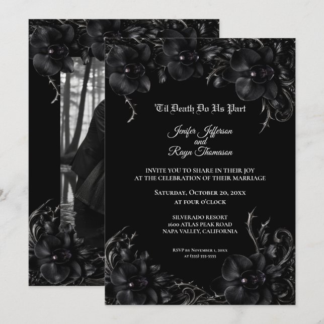 Elegant black Orchid Gothic wedding Invitation (Front/Back)