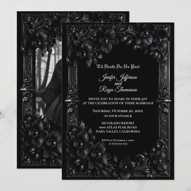 Elegant black Orchid Gothic wedding Invitation (Front/Back)