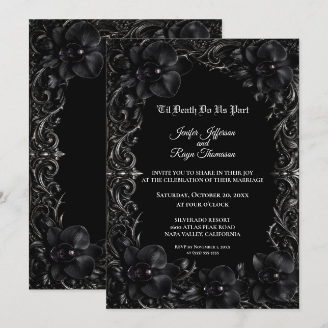 Elegant black Orchid Gothic wedding Invitation (Front/Back)