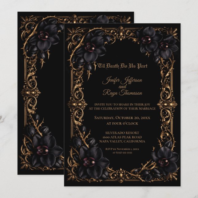 Elegant black Orchid Gothic wedding Invitation (Front/Back)