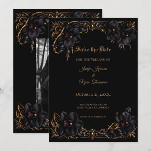 Elegant black Orchid Gothic wedding save the date Announcement