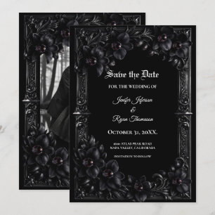 Elegant black Orchid Gothic wedding save the date Announcement