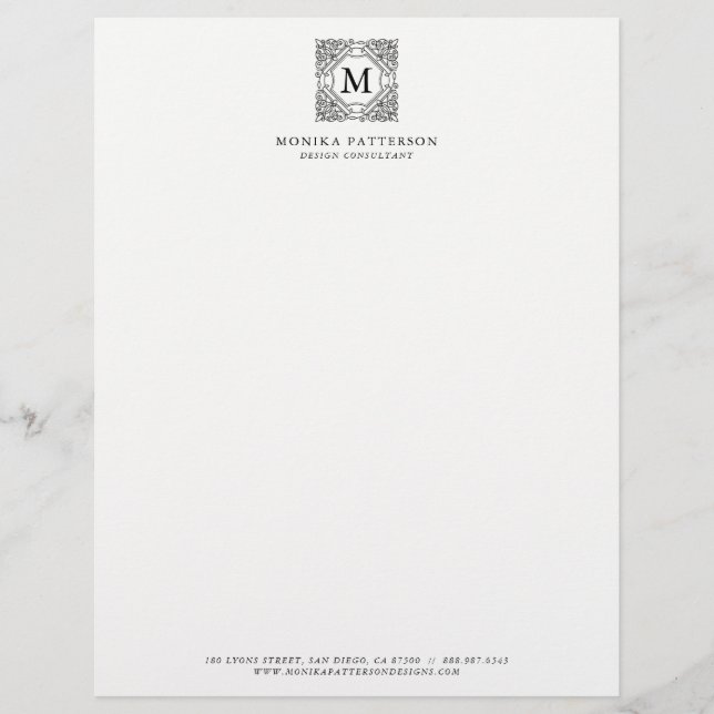 Elegant Black Ornamental Frame Monogram Letterhead (Front)