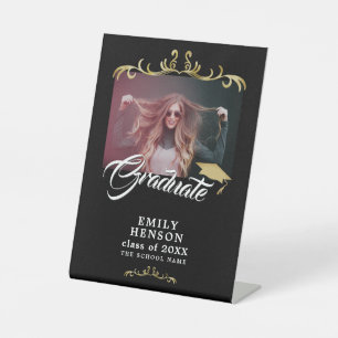 Elegant Black Ornaments Grad Graduation Photo Pedestal Sign