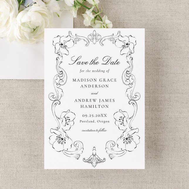 Elegant Black Ornate Floral Frame Wedding Save The Date (Creator Uploaded)
