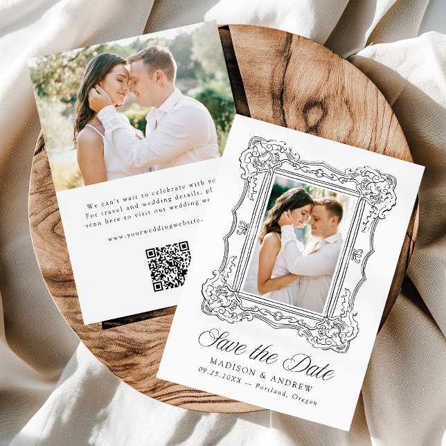 Elegant Black Ornate Frame 2 Photo QR Code Wedding Save The Date (Creator Uploaded)