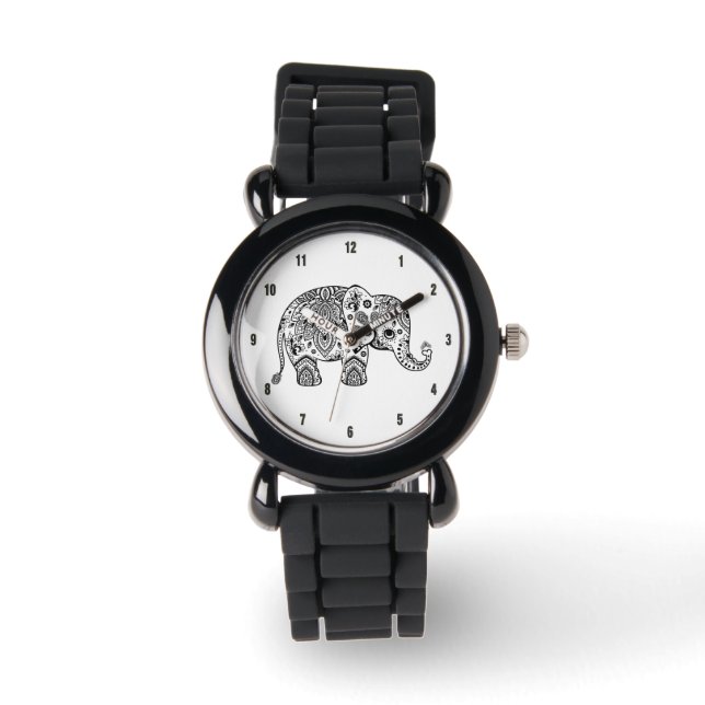 Elegant Black Paisley Floral Elephant Illustration Watch (Front)