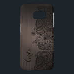 Elegant Black Paisley Lace With Brown Background<br><div class="desc">Dark brown background brushed aluminium look with elegant black vintage floral paisley lace. Custom and Optional monogram.</div>