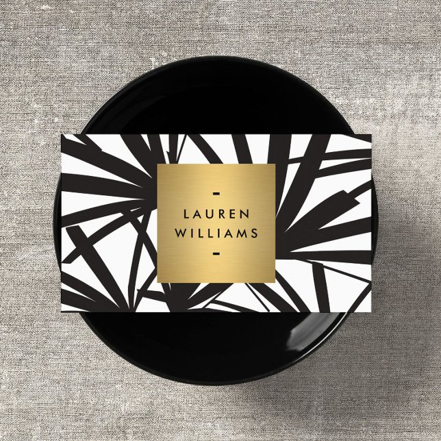Elegant Black Palm Fronds with Gold Nameplate Logo Business Card (Creator Uploaded)