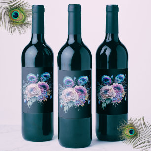 Elegant Black Peacock Floral Wine Label