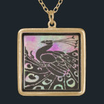 ELEGANT BLACK PEACOCK IN PURPLE BLUE SPARKLES GOLD PLATED NECKLACE<br><div class="desc">Elegant Art Nouveau peacock in black and pink sparkles and glitters.</div>