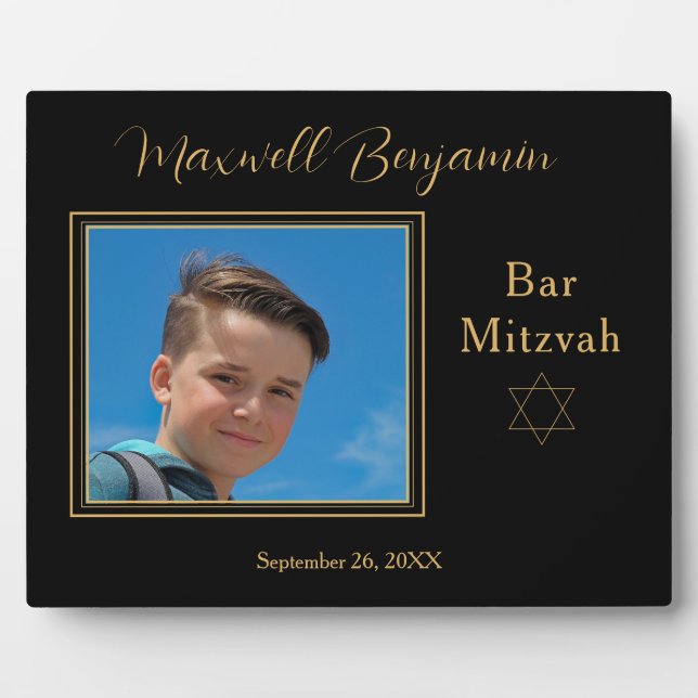 Elegant Black Personalised Bar Mitzvah Photo Plaque (Front)