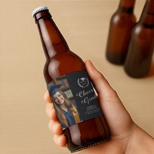 Elegant Black Personalised Cheers Grad Party Photo Beer Bottle Label