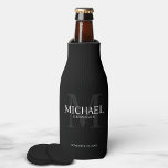 Elegant Black Personalised Groomsmen Bottle Cooler<br><div class="desc">Add a personal touch to your wedding with personalised groomsmen bottle cooler. This bottle cooler features personalised groomsman's name with title and wedding date in white and monogram in grey as background, in classic serif font style, on black background. Also perfect for best man, father of the bride, ring bearer...</div>