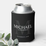 Elegant Black Personalised Groomsmen Can Cooler<br><div class="desc">Add a personal touch to your wedding with personalised groomsmen can cooler. This can cooler features personalised groomsman's name with title and wedding date in white and monogram in grey as background, in classic serif font style, on black background. Also perfect for best man, father of the bride, ring bearer...</div>