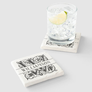 Elegant Black Personalised Initial W Monogram Name Stone Coaster