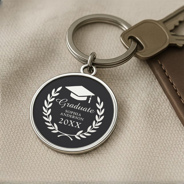 Elegant Black Personalised Name Graduation Emblem Key Ring (Creator Uploaded)