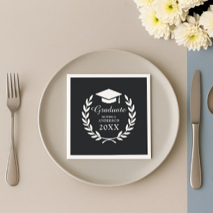 Elegant Black Personalised Name Graduation Emblem Napkin