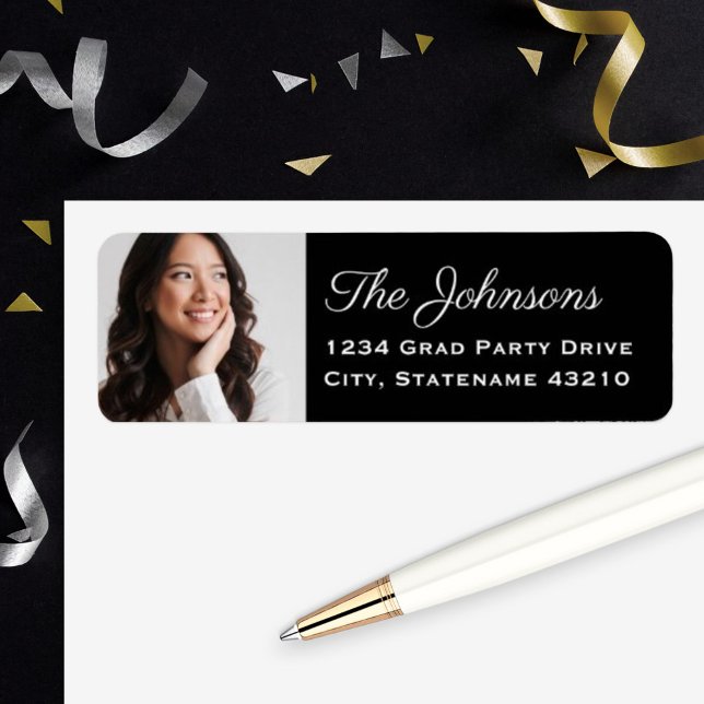 Elegant Black Photo Graduation Return Address (Creator Uploaded)