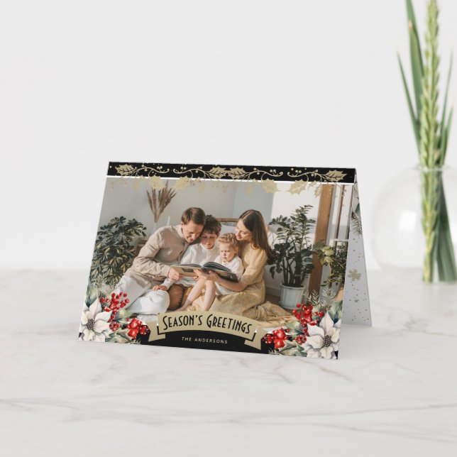 Elegant Black Photo Holly Red Berries Poinsettia Card (Front)