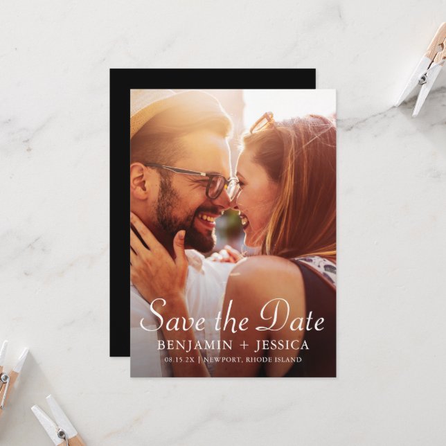 Elegant Black Photo Wedding Save the Date (Front/Back In Situ)
