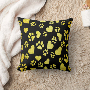 Elegant Black Pillow with Golden Paw Prints