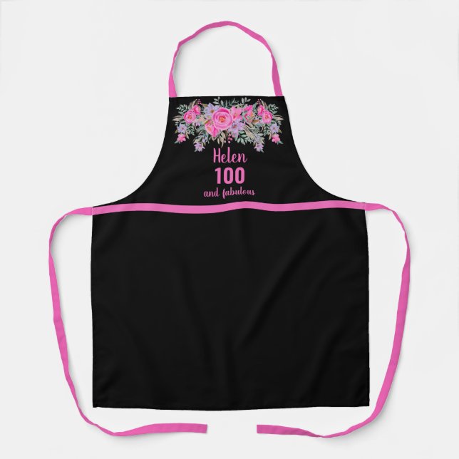 Elegant black pink 100th birthday floral apron (Front)