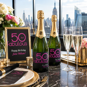 Elegant Black Pink 50 and Fabulous Birthday Party  Sparkling Wine Label