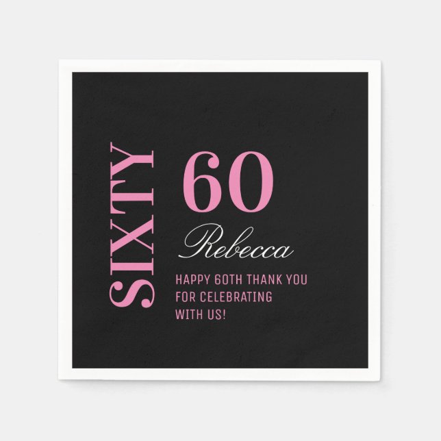 Elegant Black & Pink 60 Birthday Party Cocktail  Napkin (Front)