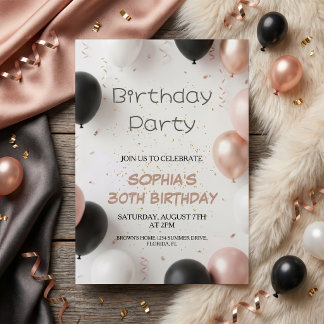 Elegant Black Pink Balloon Party Invitation