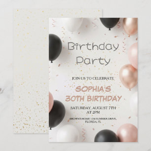 Elegant Black Pink Balloon Party Invitation