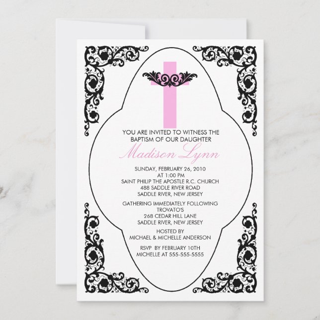 Elegant Black & Pink Baptism Invitation (Front)