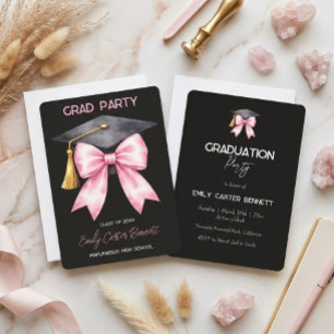 Elegant Black Pink Coquette Bow Graduation Invitation
