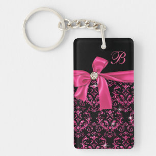 Elegant Black Pink Damask Diamond Bow Monogram Key Ring