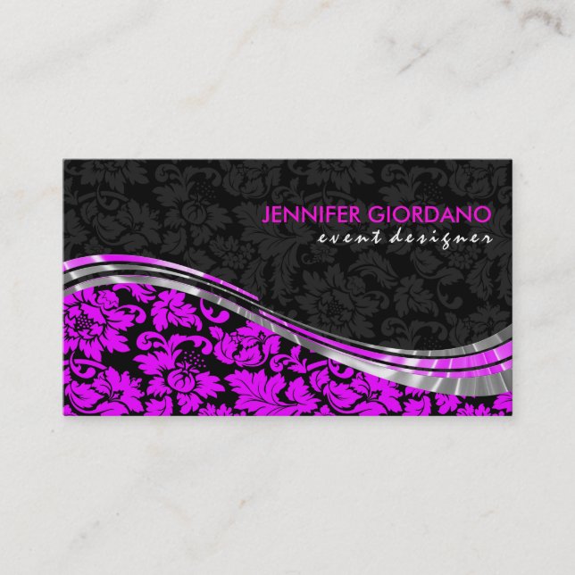 Elegant Black & Pink Damasks With Silver Accents Business Card (Front)