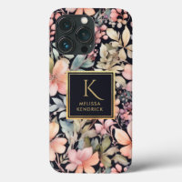 Elegant Black Pink Floral Watercolor Monogram Name