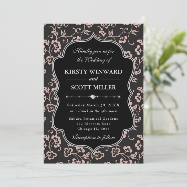 Elegant Black Pink Frame Floral Wedding Invitation (Standing Front)