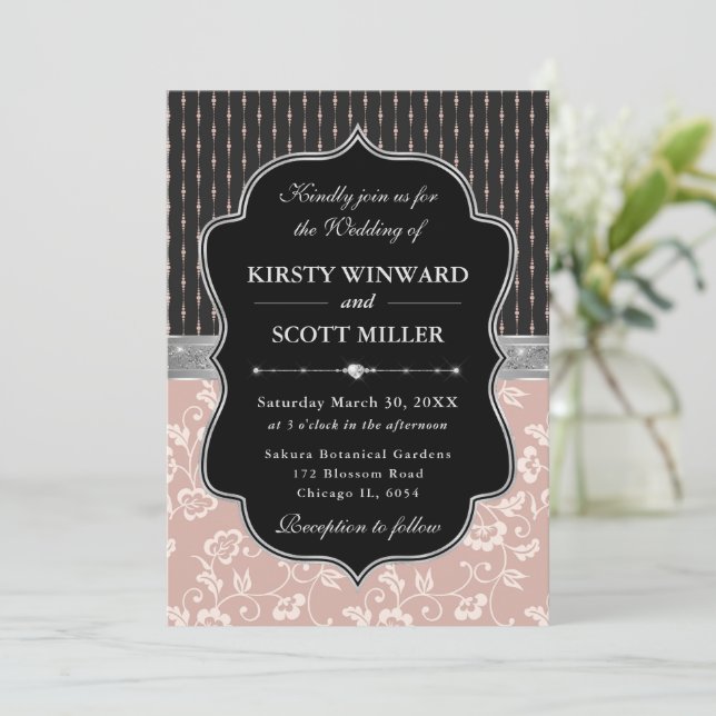 Elegant Black Pink Frame Floral Wedding Invitation (Standing Front)