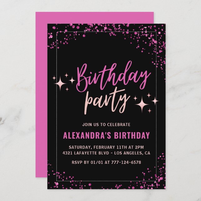 Elegant Black Pink Glam Glitter 98th birthday Invitation (Front/Back)