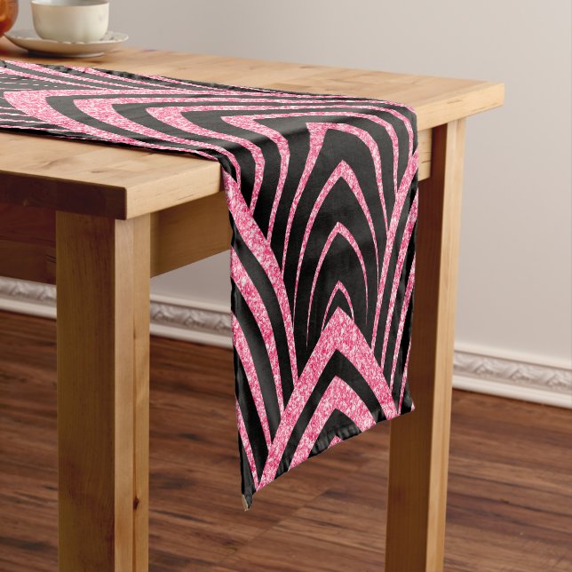 Elegant Black & Pink Glitter Art-Deco Pattern Short Table Runner (In Situ)