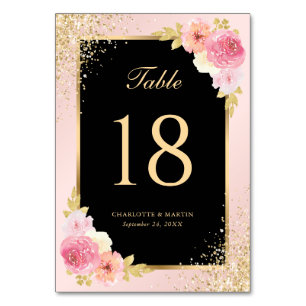 Elegant Black Pink Gold Watercolor Floral Wedding Table Number