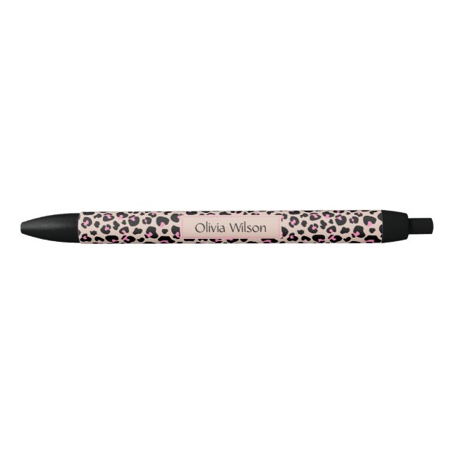 Elegant Black Pink Leopard Skin Pattern Monogram  Black Ink Pen (Front)