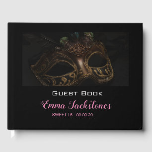 Elegant Black & Pink Mask Masquerade Sweet 16  Guest Book