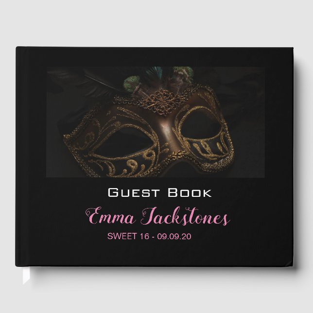 Elegant Black & Pink Mask Masquerade Sweet 16  Guest Book (Front)