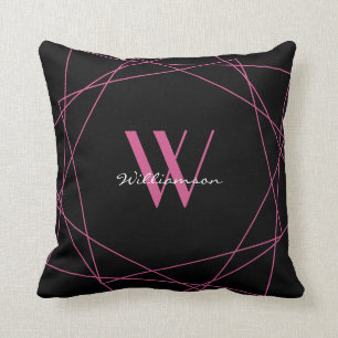 Elegant Black Pink Monogram Geometric Name Script Cushion