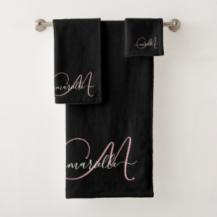 Elegant Black Pink Monogram Script Name  Bath Towel Set